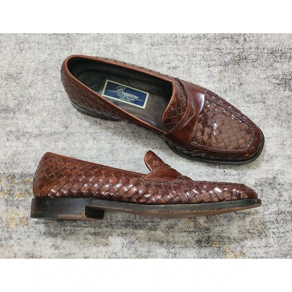 Vtg Bragano Cole Haan Men's Brown Woven Loafers Dress Shoes Size 9 Made In Italy